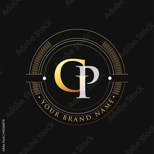 initial letter logo GP gold and white color, with stamp and circle object, Vector logo design template elements for your business or company identity.