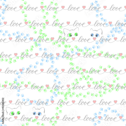 dating concept. gray word love with pink heart shapes and cats repeated continuously. vector seamless pattern. valentines repetitive background. fabric swatch. wrapping paper. continuous print