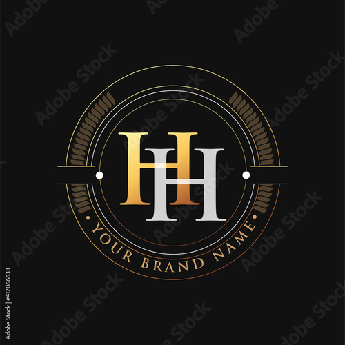initial letter logo HH gold and white color, with stamp and circle object, Vector logo design template elements for your business or company identity.