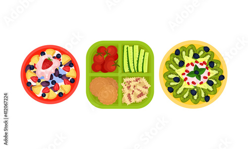 Open Lunch Box with Different Food Inside Vector Set