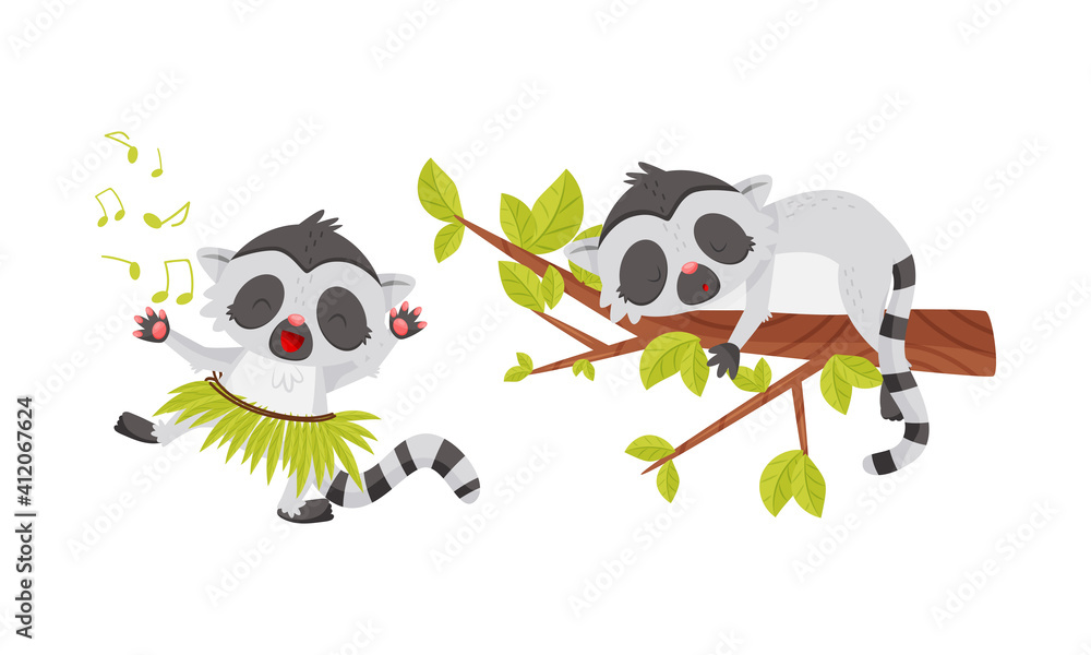 Cute Lemur as Primate with Long Striped Tail Dancing, Singing and Sleeping on Tree Branch Vector Set Cute Lemur as Primate with Long Striped Tail Dancing, Singing and Sleeping on Tree Branch Vector Set