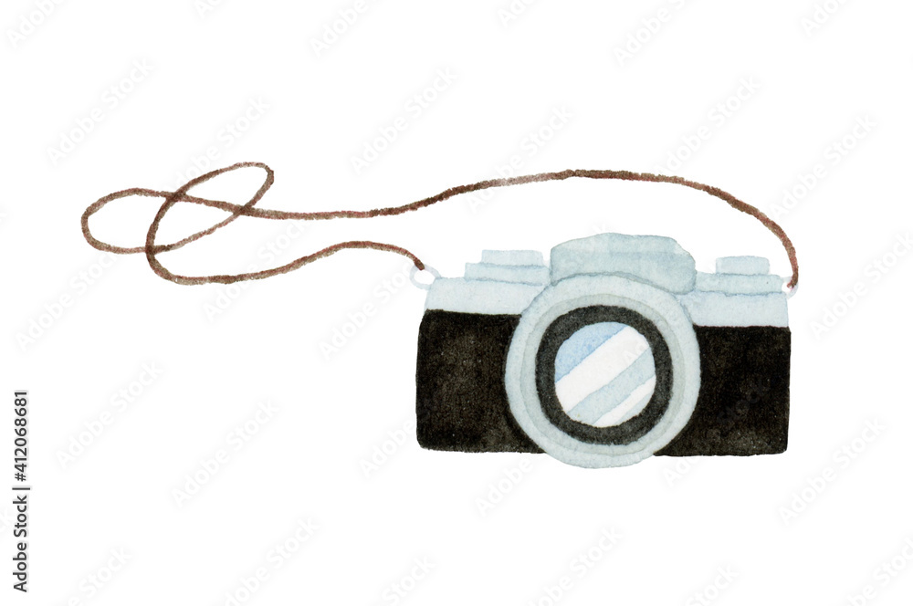 Hand drawn watercolor photo camera isolated on white background. Hand drawn watercolor photo camera isolated on white background.