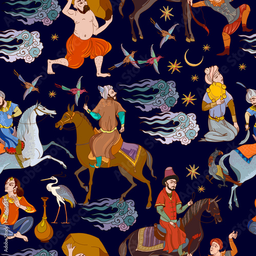 Middle East fairy tales. Medieval miniature. Mughal art. Ottoman Empire seamless pattern. Persian frescoes. Soldiers. Long Journey. Thousand and One Nights style