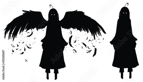 Black silhouette of a little angel girl, she is in a dress floating in the air . 2d illustration