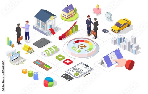 Bank loan processing isometric flowchart, infographic, flat vector illustration. Credit scoring system, personal credit rating symbols, creditor and customer cartoon characters meeting.