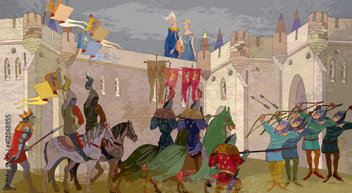 Middle Ages, parchment concept. Historical miniature art. Medieval war scene. Crusaders in an armor. Soldiers of the kingdom. Ancient book vector illustration. Knightly tournament
