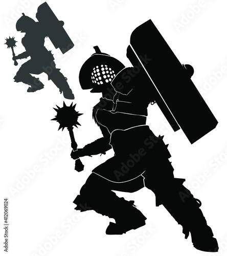 Black silhouette of a gladiator in a helmet with fights with a spiked mace and a shield in his hands. he's in a dynamic action pose. 2D illustration