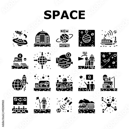 Space Base New Home Collection Icons Set Vector. Space Base Construction And Greenhouse, Planet Colonization And Building City Glyph Pictograms Black Illustrations