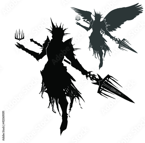 A black silhouette of a death knight hovering in the air with a strange spear, a spiked crown on it, a diadem with pikes hovering in his hand, ragged rags and armor on it . 2d illustration
