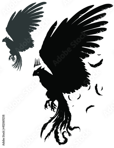 A black silhouette of a phoenix bird with a long tail and huge wings, it has clawed paws, and a crown hovers over its head. 2d illustration