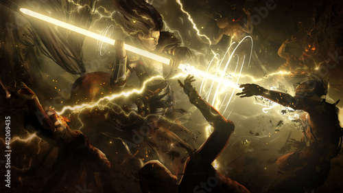 An enraged centaur charged into the crowd of undead with a magical glowing spear that emits a lot of lightning into the zombies . 2d illustration