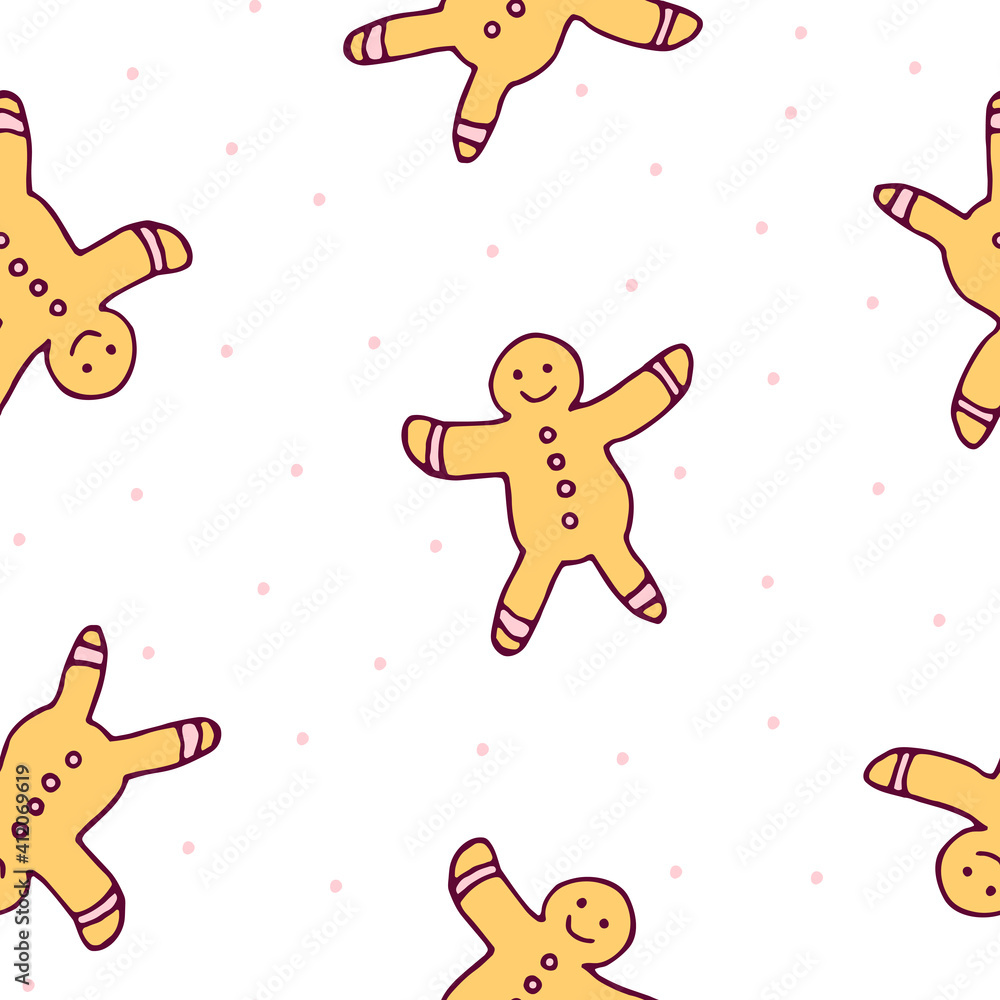 Naklejka premium gingerbread men semless pattern.Seamless pattern with gingerbread man on white background.Cute gingerbread man pattern isolated on white background.Repetitive gingerbread man cookies for fabric, paper