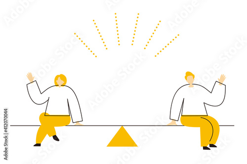 A man and a woman riding a seesaw. Image illustration of gender equality. Vector illustration on white background.
