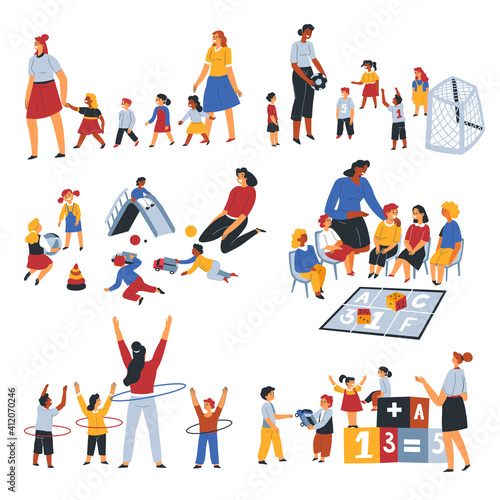 Teachers and tutors playing with children outdoors