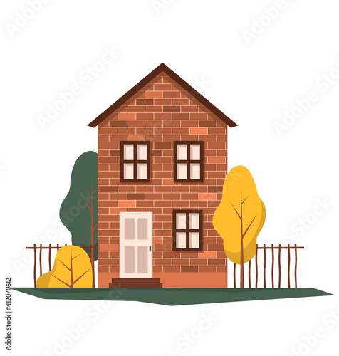 Brick house vector with trees and fence