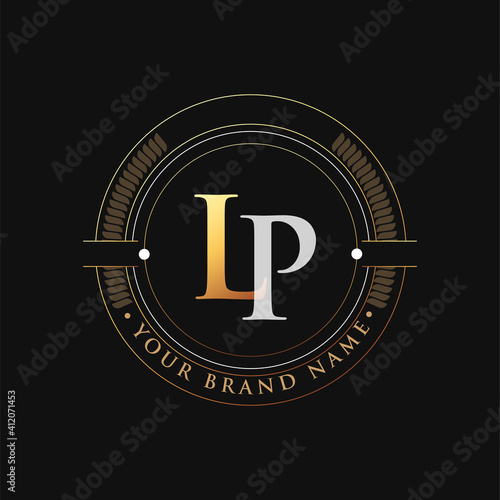 initial letter logo LP gold and white color, with stamp and circle object, Vector logo design template elements for your business or company identity.