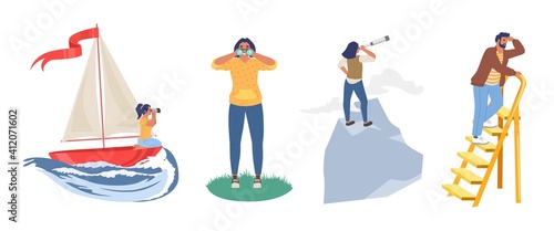 People looking to the future through telescope, binoculars while floating on boat, standing on mountain top, ladder, flat vector illustration. Future vision, business career, leadership.
