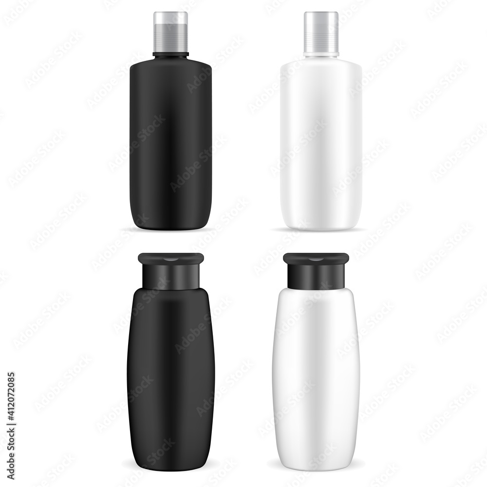 Cosmetic bottle mockup. Plastic shampoo jar vector blank. Beauty product package isolated on white background. Liquid soap packaging template. Oval hair shampoo bottle mock up, silver, black Cosmetic bottle mockup. Plastic shampoo jar vector blank. Beauty product package isolated on white background. Liquid soap packaging template. Oval hair shampoo bottle mock up, silver, black