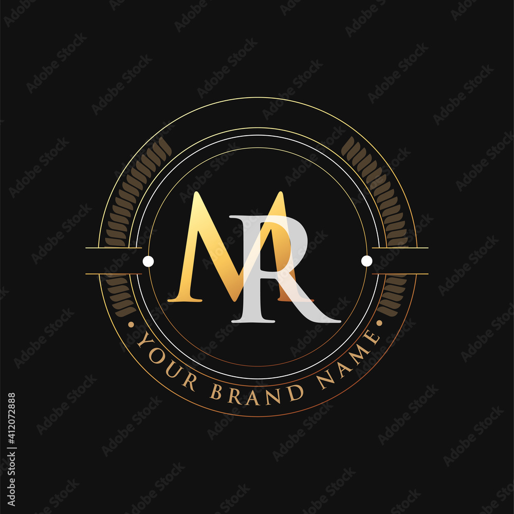 initial letter logo MR gold and white color, with stamp and circle ...