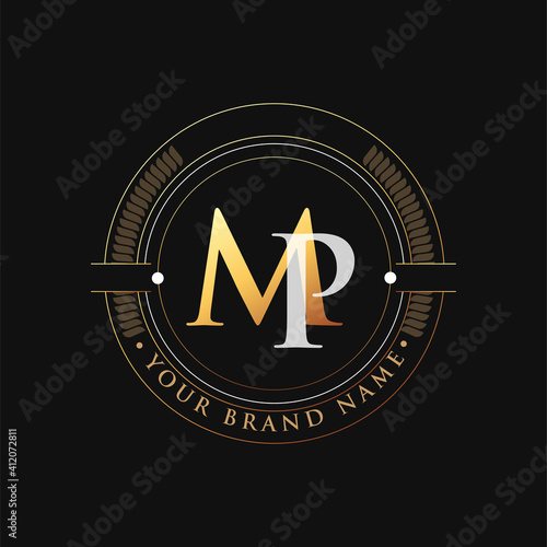 initial letter logo MP gold and white color, with stamp and circle object, Vector logo design template elements for your business or company identity. photo