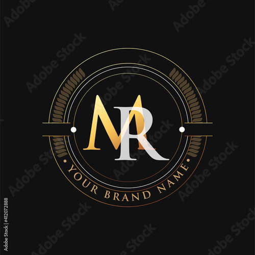 initial letter logo MR gold and white color, with stamp and circle object, Vector logo design template elements for your business or company identity.