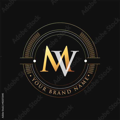 initial letter logo MV gold and white color, with stamp and circle object, Vector logo design template elements for your business or company identity.