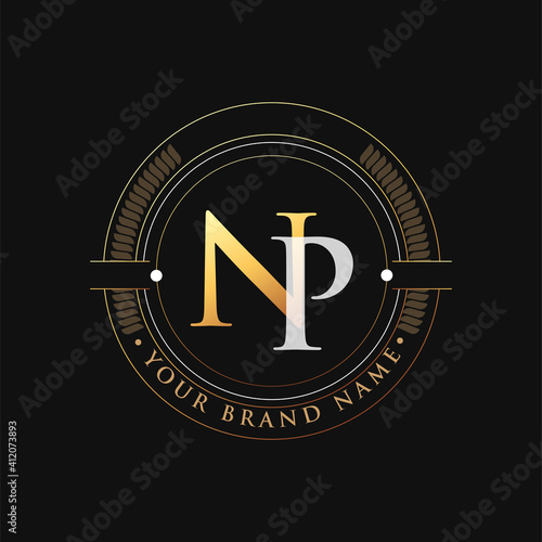 initial letter logo NP gold and white color, with stamp and circle object, Vector logo design template elements for your business or company identity.