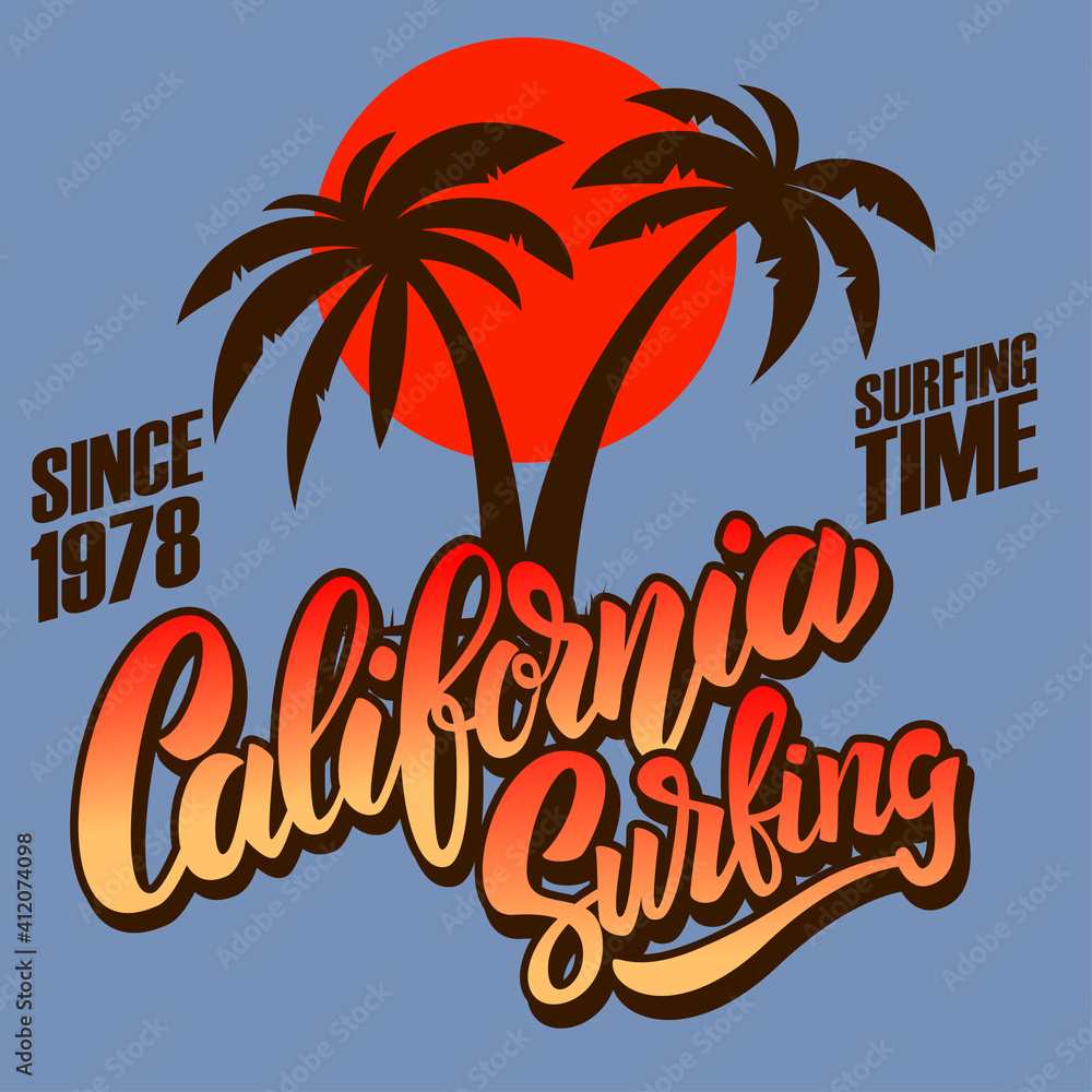 California surfing. Emblem template with sea waves and palms. Design element for poster, card, banner, sign, emblem. Vector illustration