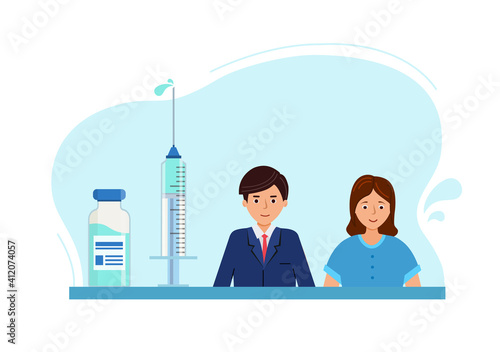 campaign vaccination. Young people vaccination, schoolboy, Students. Concept vaccination against corona virus. Vector illustration in flat style
