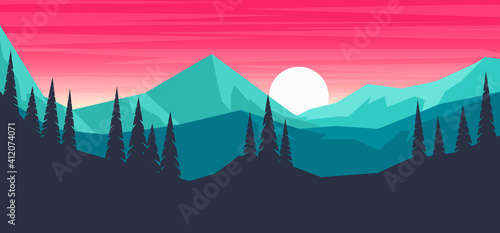 Cartoon mountain landscape in flat style. Design element for poster, card, banner, flyer. Vector illustration