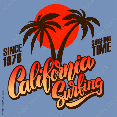 California surfing. Emblem template with sea waves and palms. Design element for poster, card, banner, sign, emblem. Vector illustration