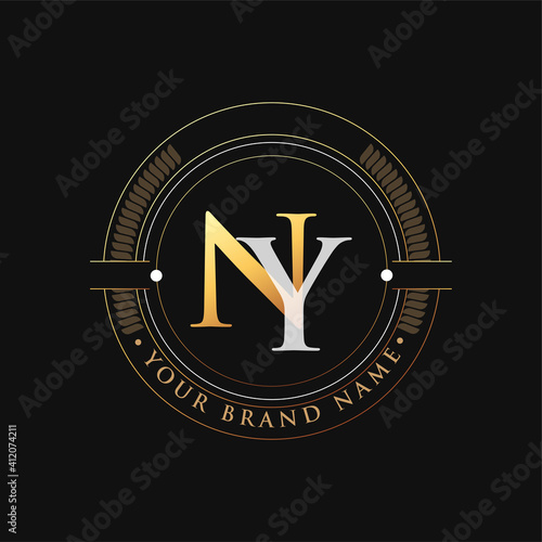 initial letter logo NY gold and white color, with stamp and circle object, Vector logo design template elements for your business or company identity.