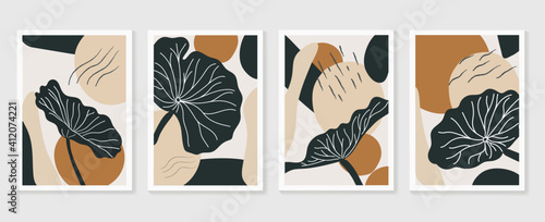 Botanical wall art background vector set.Earth tone natural colors foliage line art  boho plants drawing with abstract shape. Mid century modern design for prints, poster, cover and wallpaper.