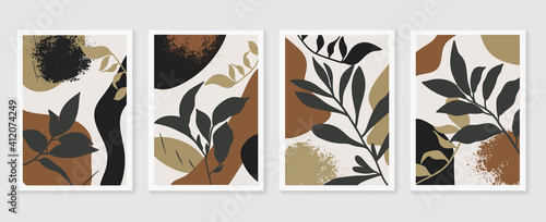 Botanical wall art background vector set.Earth tone natural colors foliage line art  boho plants drawing with abstract shape. Mid century modern design for prints, poster, cover and wallpaper.