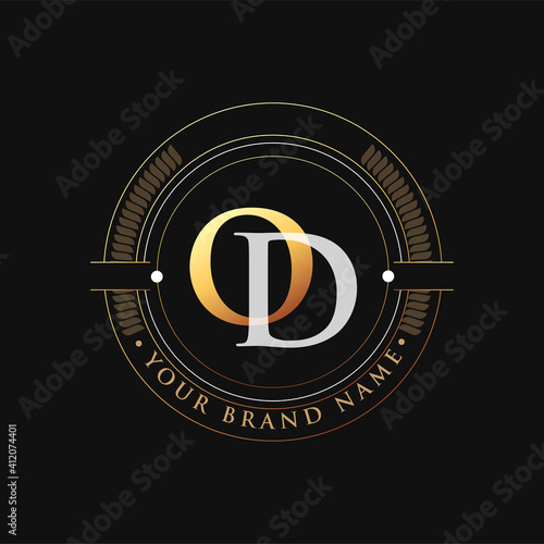 initial letter logo OD gold and white color, with stamp and circle object, Vector logo design template elements for your business or company identity.