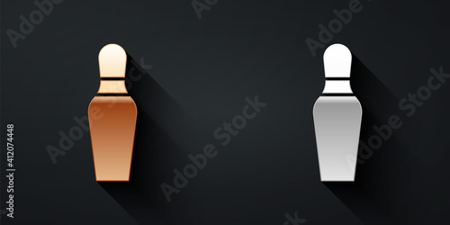 Gold and silver Bowling pin icon isolated on black background. Long shadow style. Vector.