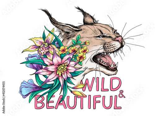 Cute  wild cat head with exotic flowers. Beautiful predator. Vector illustration in hand-drawn style. Wild and beautiful illustration. Stylish image for printing on any surface 