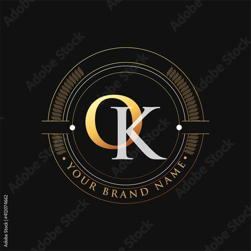 initial letter logo OK gold and white color, with stamp and circle object, Vector logo design template elements for your business or company identity.