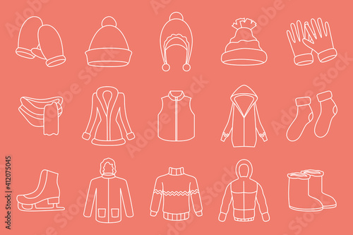 Winter clothing Icons set - Vector outline symbols of scarf  cap  jacket  sweater  coat  mitten  and other clothes for the site or interface