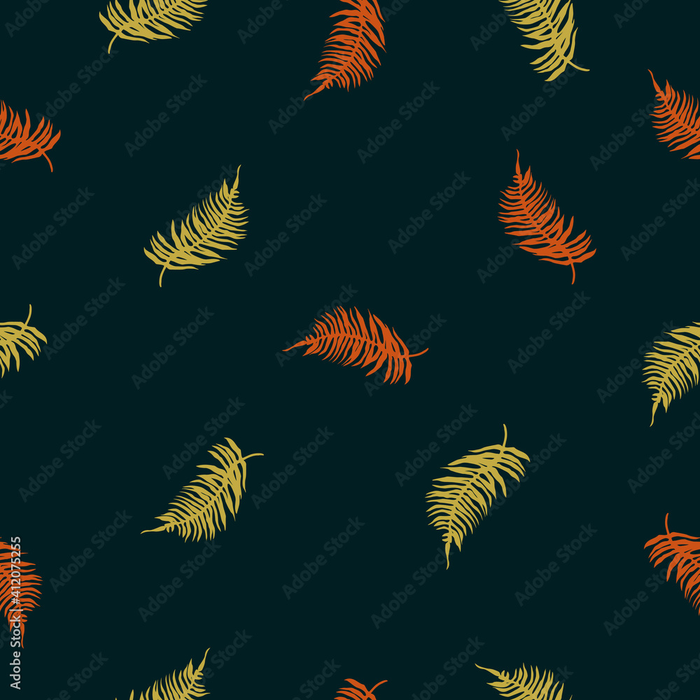 Obraz premium Vector seamless pattern of tropical fern leaves on dark green. Beautiful print with exotic plants. Botanical design of fabrics, wallpapers for natural cosmetics, perfumes, women's products.