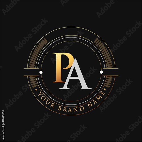 initial letter logo PA gold and white color, with stamp and circle object, Vector logo design template elements for your business or company identity.