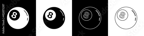 Set Billiard pool snooker ball with number 8 icon isolated on black and white background. Vector.