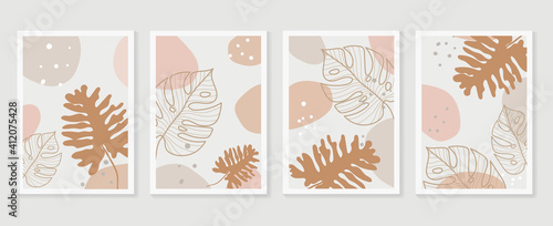 Botanical wall art background vector set.Earth tone natural colors foliage line art  boho plants drawing with abstract shape. Mid century modern design for prints, poster, cover and wallpaper.