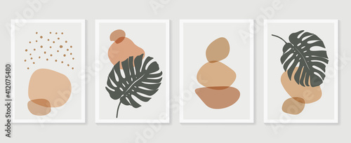 Botanical wall art background vector set.Earth tone natural colors foliage line art  boho plants drawing with abstract shape. Mid century modern design for prints, poster, cover and wallpaper.