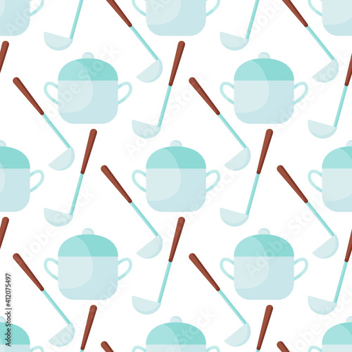 Illustration pattern with kitchen utensils on it: saucepans and ladles on background.