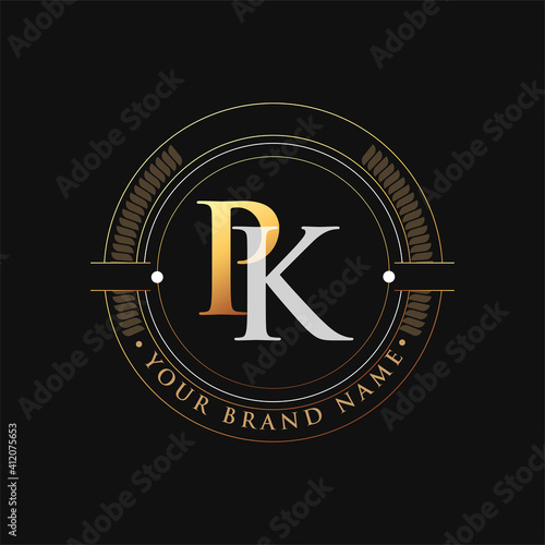 initial letter logo PK gold and white color, with stamp and circle object, Vector logo design template elements for your business or company identity.