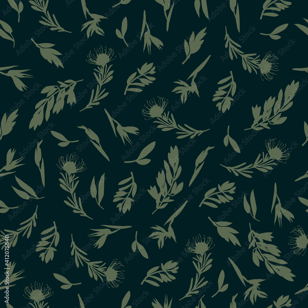 Greenery seamless pattern in hand-drawn style. Botanical design of fabrics, wallpapers, for natural cosmetics, perfumes. Repeating background with tropical leaves and plants. Greenery seamless pattern in hand-drawn style. Botanical design of fabrics, wallpapers, for natural cosmetics, perfumes. Repeating background with tropical leaves and plants.