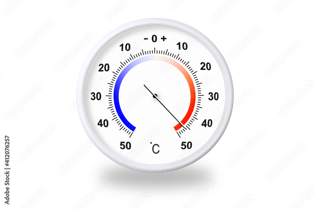 Outdoor thermometer on white background. Ambient temperature plus 46 degrees celsius Outdoor thermometer on white background. Ambient temperature plus 46 degrees celsius
