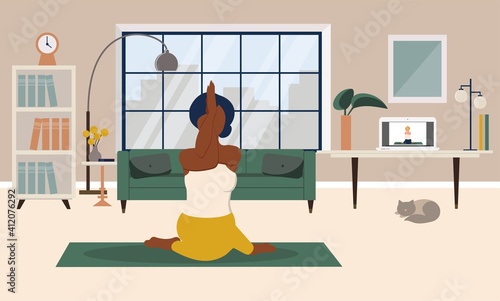 Stay home concept. Girl practicing yoga in living room with online classes. Online yoga clases, healthy lifestyle, live stream, internet education. Vector illustration in flat style.