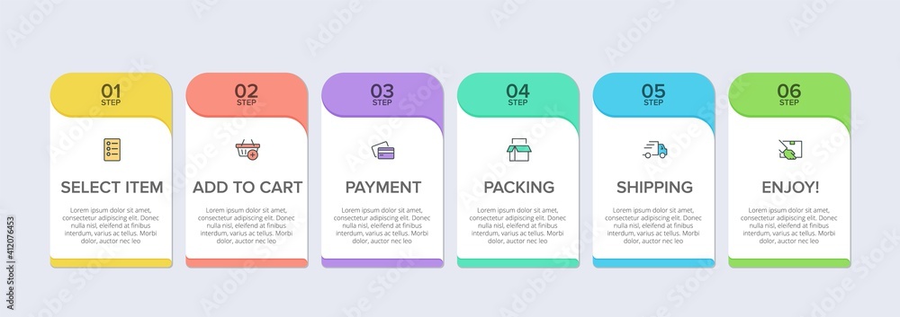 Concept of shopping process with 6 successive steps. Six colorful graphic elements. Timeline design for brochure, presentation, web site. Infographic design layout. Concept of shopping process with 6 successive steps. Six colorful graphic elements. Timeline design for brochure, presentation, web site. Infographic design layout.